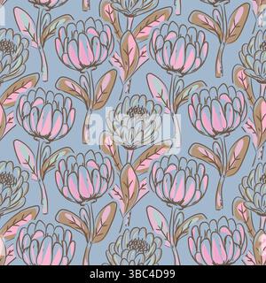 Seamless pattern with protea flowers on blue background with pink accents. Exotic floral wallpaper. Hand drawn style tileable texture for textile and Stock Vector