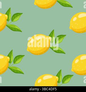Seamless Lemon Pattern with Green Leaves Stock Vector
