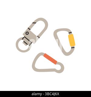 Simple climbing hooks. Claw clasps and carabiners flat set, different types of clasps, buckles and carabiners for jewelry, climbing equipment Stock Vector