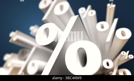 3D Percent Symbol Financial Interest Discount. Abstract 3D illustration of multiple white percent symbols (%) emerging from a dark background, symboli Stock Photo