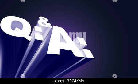 3D Q and A Text on Dark Background Question Answer Modern 3D render bold QA lettering dark gradient background, symbolize question answer session pres Stock Photo