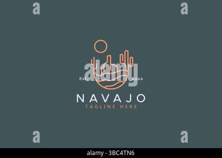 Desert American Landscape Logo Abstract Illustration. Cactus, Hill, Rock and Sun Sign Symbol. Stock Vector