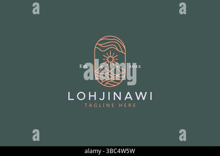 Illustration Sun, Mountain and Hill Abstract Panorama Vintage Logo Badge. Stock Vector
