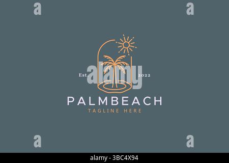 Island Abstract Logo with Palm Tree and Sun Bright Illustration Sign Symbol. Stock Vector