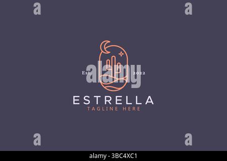 Cactus at Night in The Desert Illustration Logo Concept. Stock Vector