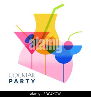 Cocktails bar club vector label, logo design. Modern flat geometric illustration for alcohol drinks menu, party banner, poster. Three multicolor drink Stock Vector