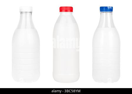 set of dairy products milk and kefir in plastic bottles isolated on white background. Stock Photo