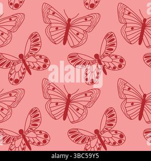 Seamless Pattern of Red Butterflies on Pink Background Stock Vector