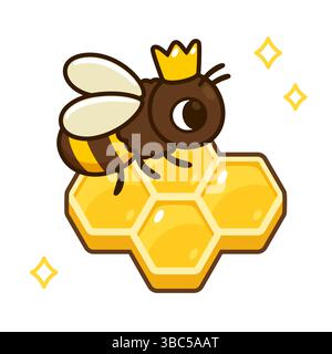 Cute cartoon Queen bee on honeycomb. Honeybee vector clip art illustration. Stock Vector