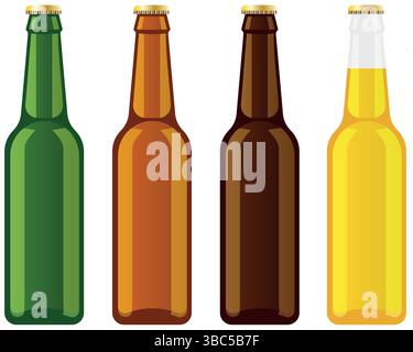Different colour flat vector beer or soda bottles, Glass pop bottles Stock Vector