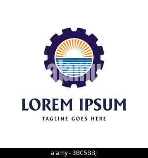 Simple Minimalist Gear Sunset Beach Ocean Sea for Tropical Ship Yacht Travel Tourism Logo Design Stock Vector