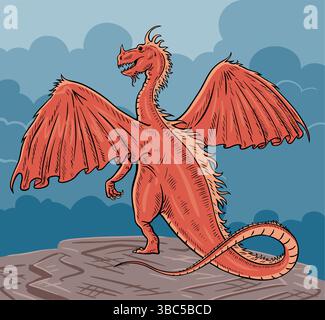Red fairy tale dragon with wings on the top of the rock. Thick clouds. Fantasy monster. Cartoon colorful vector illustration Stock Vector