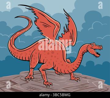 Red fairy tale dragon with wings on the top of the rock. Thick clouds. Fantasy monster. Cartoon colorful vector illustration Stock Vector