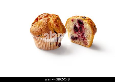 Delicious blueberry muffins isolated on white background showing its fluffy inside Stock Photo