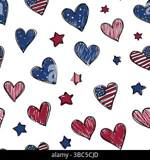 USA Flag Heart and Star Seamless Pattern – American Love Design for 4th of July or Valentine’s Day. Patriotic Background Design Stock Vector