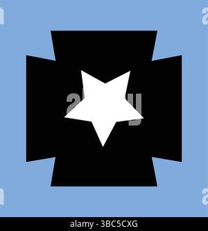 Abstract Star Icon, Modern Geometric Vector with Rotating Black Cross and Dynamic White Star, Realistic Motion Effect on Blue Square Background Stock Vector