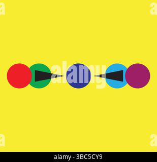 geometric dots and arrows, colorful abstract pattern with bouncing circles and rotating black triangles, minimal motion graphics for modern tech and p Stock Vector