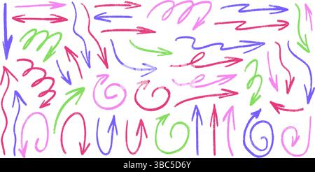 Arrows hand drawn set. Crayon straight and curved thin pointers doodle elements set. Freehand arrow by markers. Vector illustration turns by pencil. G Stock Vector