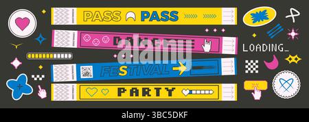 Groovy stickers shapes and hand bracelet tickets set. Music festival, party, concert wristbands, patches in retro rave style. Paper y2k show stamps an Stock Vector