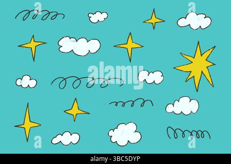 Crayon sky set. Naive hand drawn clouds, stars and squiggle lines pack. Kids chalk textured elements. Pastel cloudy weather symbols. Vector charcoal p Stock Vector