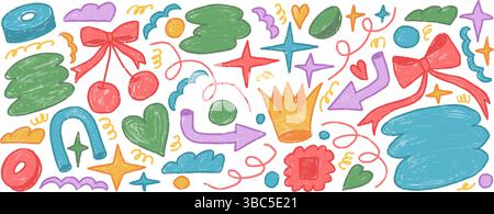 Abstract stickers shapes crayon drawn set. Naive multi colors doodle figures on white background. Crown, cherry, heart and geometric forms sketch elem Stock Vector