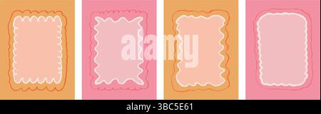 Scallop text boxes frames pencil hand drawn set. Wavy groovy rectangle pictures borders by crayon background. Wobbly y2k decorative callouts elements. Stock Vector