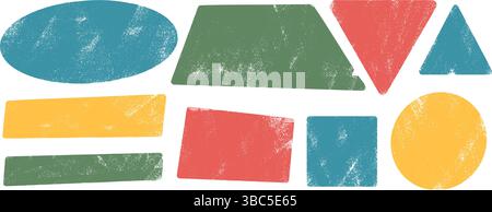 Wax crayon textured geometric shape set. Text boxes kids frames pack. Oval, circle and square figures. Vector hand drawn quotation triangles and trape Stock Vector