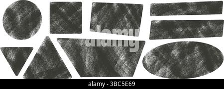 Ink dirty geometric stencil shapes with noise set. Text boxes urban street grainy textured frames pack. Square, rectangles, oval and triangle. Vector Stock Vector