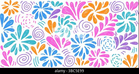 Crayon drawing fireworks set. Multicolored firecrackers and sprinkles in doodle style on a white background. Carnival decoration. Vector illustration Stock Vector