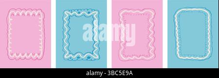 Scallop rectangle frames hand drawn by pencil set. Wavy pink and blue freehand borders by crayon for invitation background. Y2k decorative callouts el Stock Vector