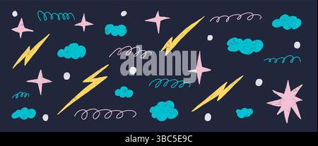 Crayon night sky set. Naive hand drawn clouds, stars and lightning pack. Kids chalk textured elements. Pastel cloudy weather symbols. Vector charcoal Stock Vector