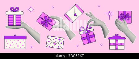 Halftone female hands holding pixel art gifts boxes collage. Holiday sale funky quirky elements. Cutout hand receiving gift. Happy birthday, anniversa Stock Vector