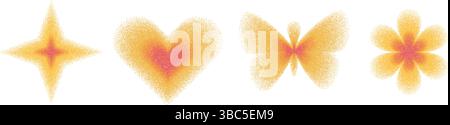 Colorful simple figures with grain noise gradient. Y2k retro stippling forms set. Butterfly, flower, heart and star icons isolated on white background Stock Vector