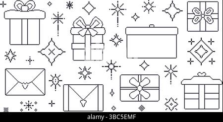 Gift boxes and sparkles set line pixel art style. 8 bit birthday presents. Giftbox and stars in retro 90s style. Prize with bow vector illustration is Stock Vector