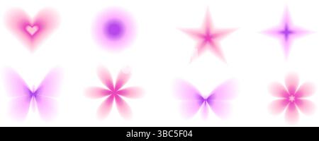 Blur purple gradient geometric shape set. Y2k retro heart, star and circle with flower forms. Coquette pink gradation icons on white background. Trend Stock Vector