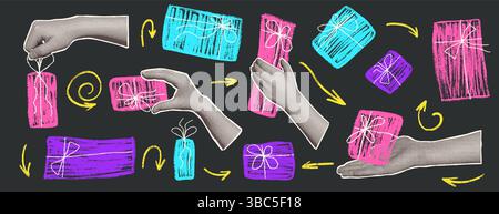 Halftone female hands holding crayon gifts boxes collage. Holiday sale elements. Cutout hand receiving gift. Happy birthday, anniversary and celebrati Stock Vector