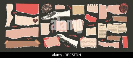 Set of romantic torn papers stickers. Tear sheet pieces with halftone hands and flowers pack. Blanks with uneven textured edges. Newspapers cutouts. E Stock Vector