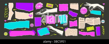 Set of torn papers stickers. Tear sheet pieces with halftone hands and flowers pack. Blanks with uneven textured edges. Newspapers cutouts. Empty colo Stock Vector