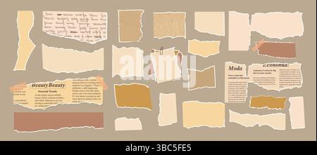 Set of torn edges vintage papers. Tear sheets pieces pack. Jagged freeform recycled templates packaging cardboard. Collage elements. Ripped blank page Stock Vector