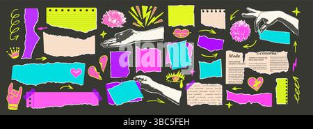 Set of torn papers with hands and flowers. Tear sheet punk pieces pack. Note texture stickers with doodles. Empty blanks for messages, memo. Scrapbook Stock Vector