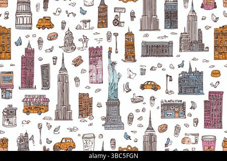 Seamless vector pattern New York City elements. Statue of Liberty, yellow cabs, and pretzels. Perfect for wrapping paper. Packaging, gift design Stock Vector