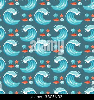 Seamless pattern with big waves, shells and starfish on dark green background. Cartoon design for packaging and textile use Stock Vector