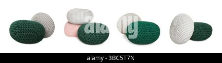 Knitted poufs isolated on white, collage. Interior element Stock Photo