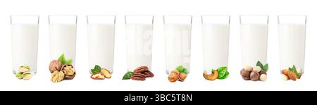 Different types of nut milk in glasses isolated on white, set Stock Photo