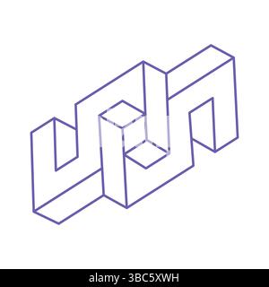 Impossible shapes. Sacred geometry figure in trendy 2022 Very Peri color. Optical illusion logo. Impossible endless outline. Line art tattoo. Op art Stock Vector