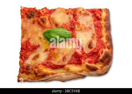 Square slice of margherita pizza with tomato sauce and mozzarella cheese and basil leaf, isolated on white with clipping path included Stock Photo