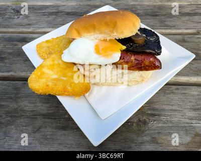 A breakfast bun sandwich containing bacon, sausage, egg, mushroom and potato hash browns. Stock Photo