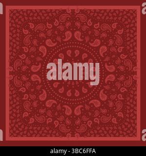 Red scarf or bandana design with paisley mandala pattern. Ethnic monochrome carpet design Stock Vector