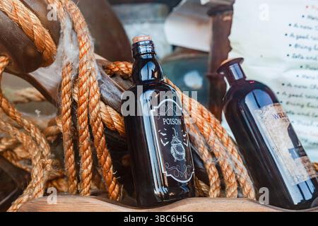 Closed bottles with various poisons, close-up. Stock Photo