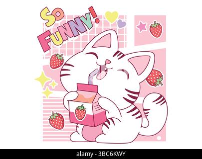 Kitten drinking strawberry juice Stock Vector